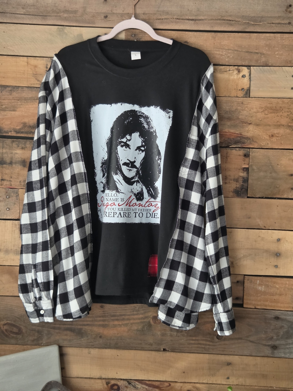 Upcycled Black Graphic Tee with Black-and-White Plaid Sleeve - Picture 3 of 7